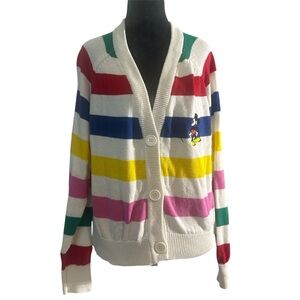 Disney 100 Mickey Mouse Rainbow Stripe Cardigan Sweater V-Neck Button Front